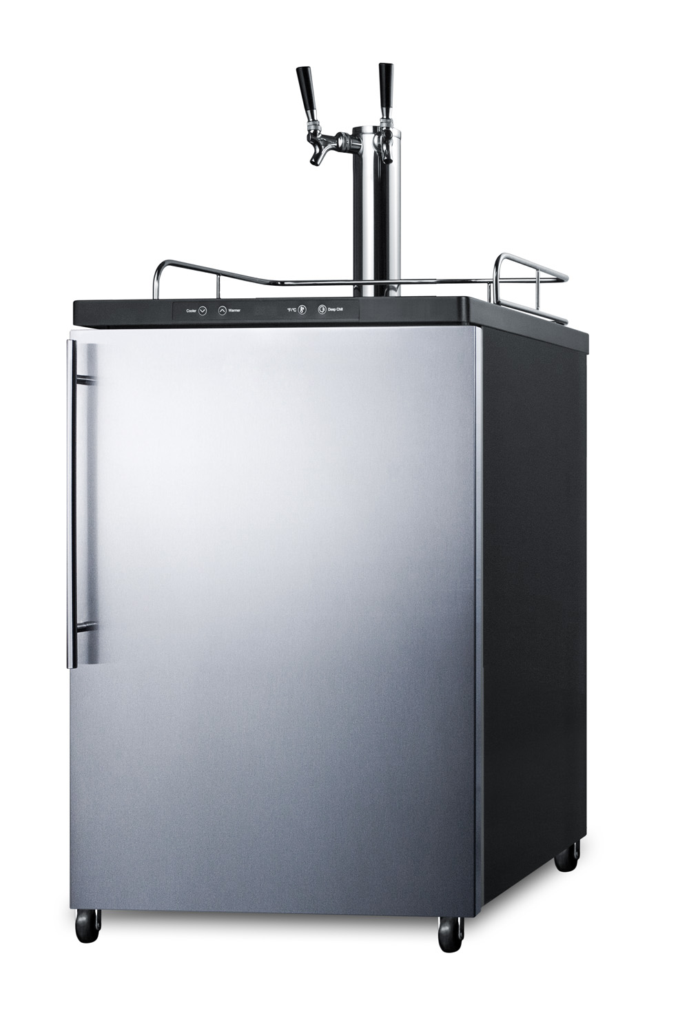 Freestanding dual tap residential beer dispenser, auto defrost w/digital thermostat, SS wrapped door, thin handle, and black cabinet